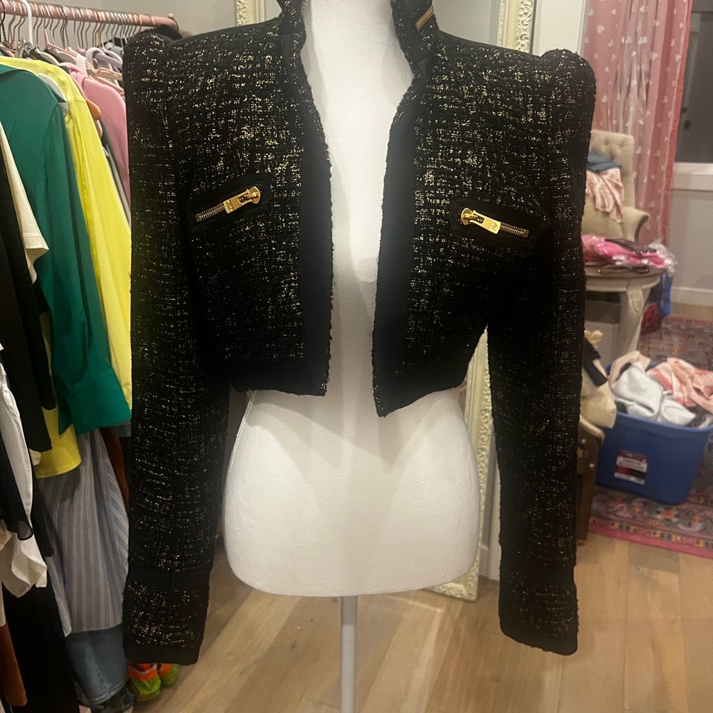 STUNNING Alexandre Vauthier Black & Gold Tweed Cropped Blazer